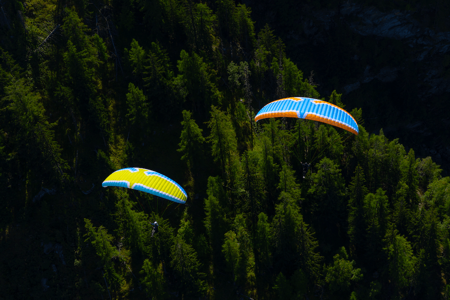 flex paragliding wing en a over the forest aile de parapente en deux couleiurs au dessus de la foret